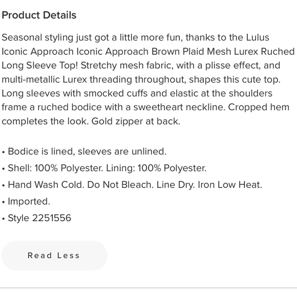 Lulu’s Iconic Approach Brown Plaid Mesh Lurex Ruched Long Sleeve Top. NWT, Sz L - Picture 5 of 5